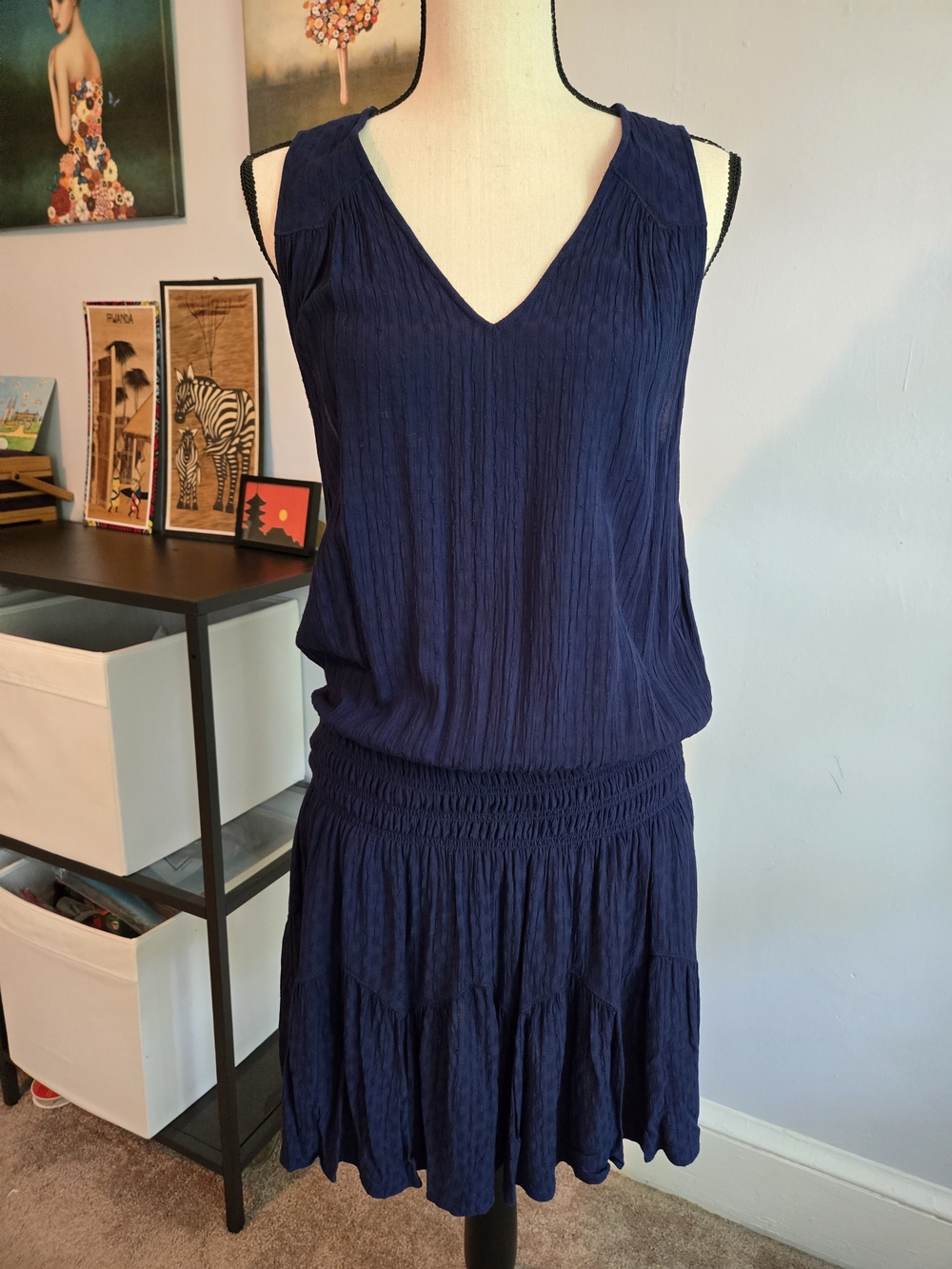 Ramy Brook Perry Sleeveless V-Neck Smocked Waist Mini Dress Navy Large Bohi-Chic